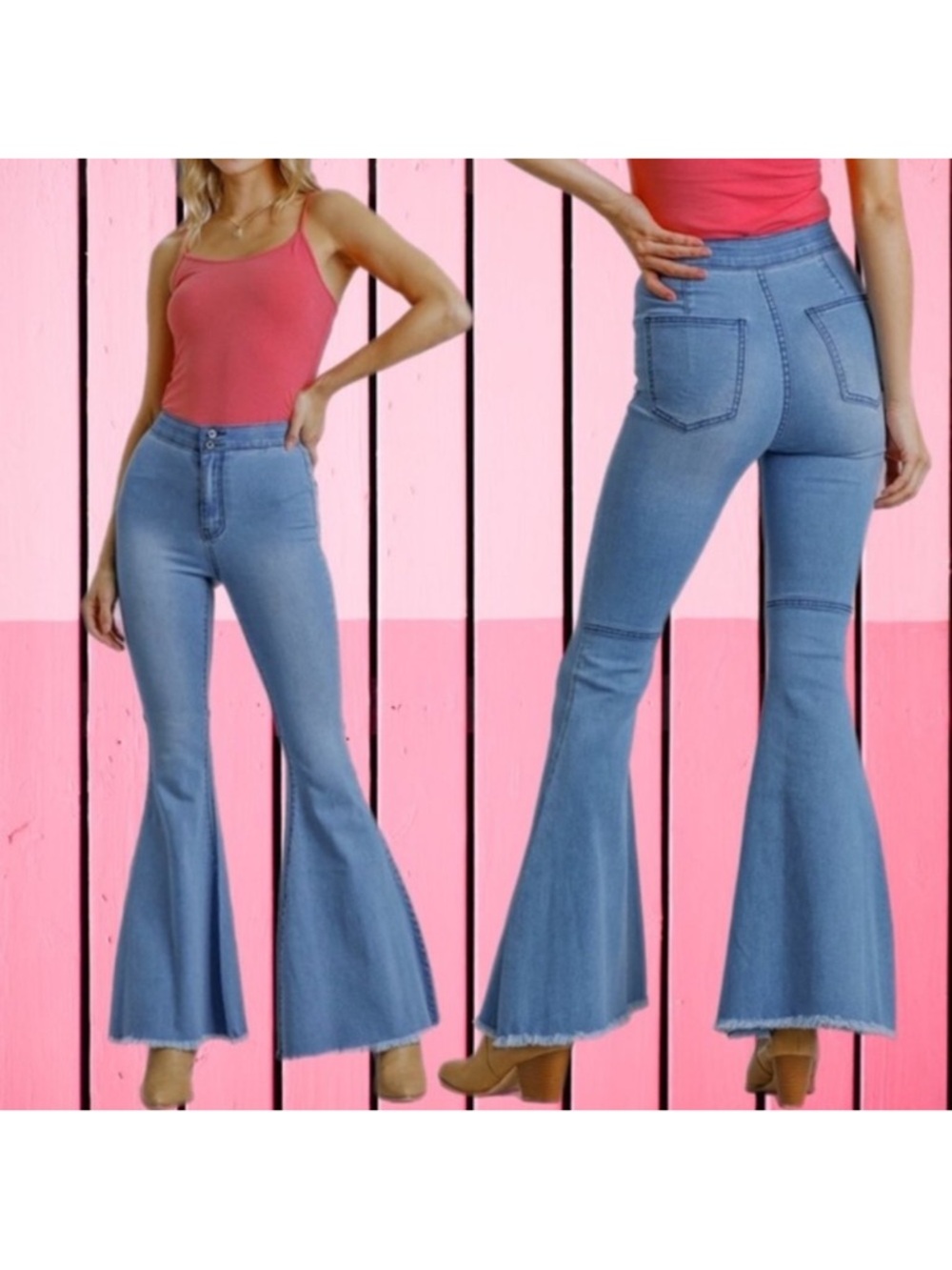 Umgee | High Rise Fringe Hem Bell Bottom Stretch Denim Jeans Light Wash New 5
